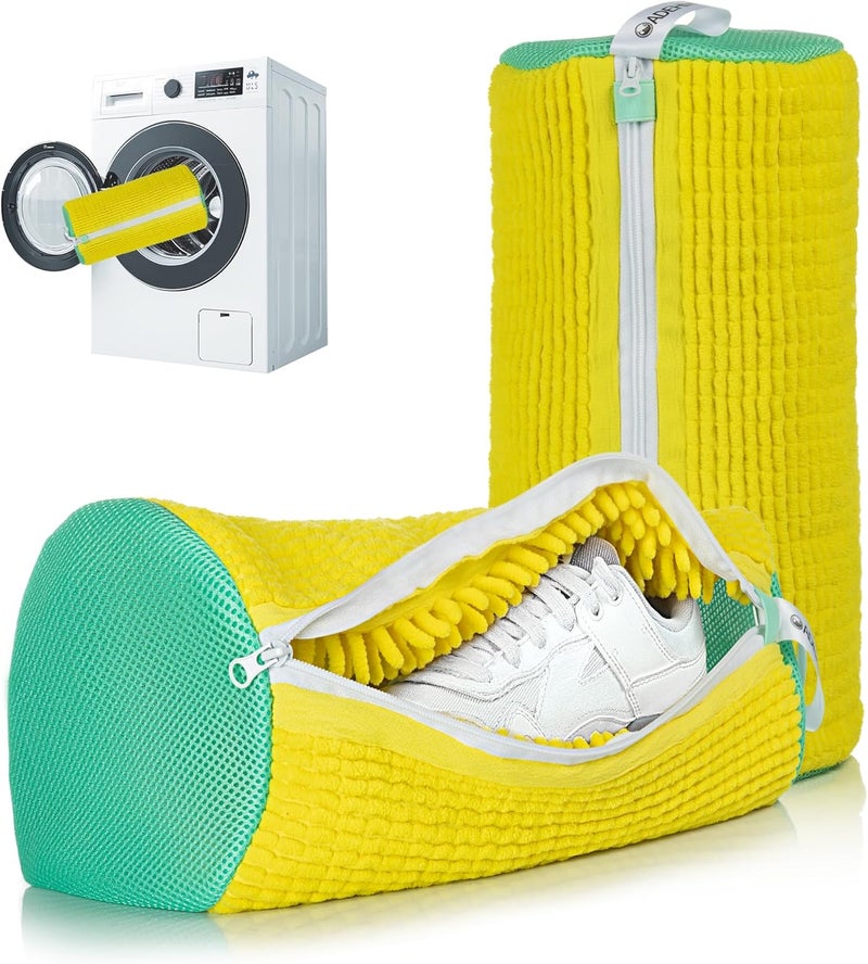 ADEHMDA 2Pcs Shoe Washing Machine Bag, Sneaker Laundry Bag for Washing Machine, Extra Long and Thick Microfibre Fluff, Reusable for Washer and Dryer (2pcs, Yellowish Green) - Image 1